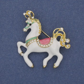 Horse Brooch-Pendant White Enamel and White Crystals Gold-Tone Metal 39x40 mm+