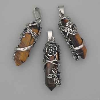 Tiger's Eye Pendant — Hexagon with Flower 35x15xmm+-, Length 44mm+-