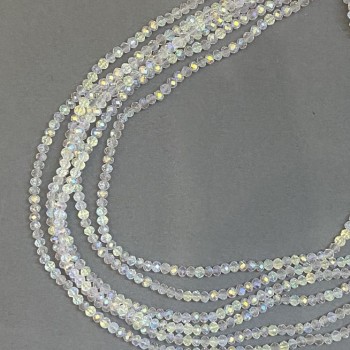 Намистини Чеський Кришталь на волосіні білий прозорий з бензиновим напиленням гранований рондель, діаметр 3, 5х3мм + -, довжина 33см +