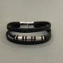 Men's black eco-leather bracelet with metal inlays, thickness 12mm ±, length 22cm ±, silver-tone metal on the clasp