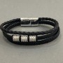 Men's eco-leather bracelet in black with metal inlays, thickness 12 mm, length 22 cm, silver-toned metal on the clasp