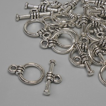 Toggle clasp findings, diameter 15x3 mm ±, circle diameter 9.5 mm ±, hole diameter 7 mm ±, silver-tone metal, pack of 15 pcs