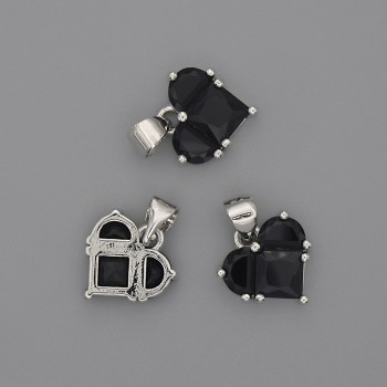 Heart Pendant with Black Crystals, 12x12 mm, 17 mm length, silver-colored metal