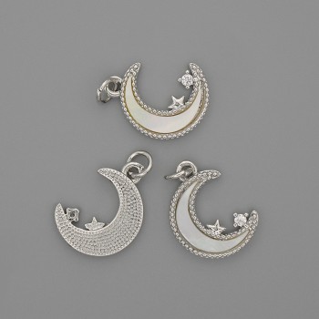 Moon Pendant with Mother-of-Pearl 15x13mm +/- White Rhinestone, Length 20mm +/- Silver-tone Metal
