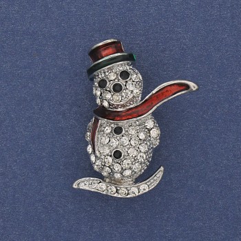 Брошка Новорічна Сніговик емаль білі стрази сріблястий метал 32х22мм +