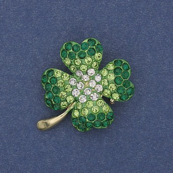 Brooch-pendant Four-Leaf Clover with white and green crystals on golden metal, diameter 28x24mm +