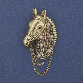 Horse Brooch with Crystals, Pearls, Chain, Golden Metal 46x29mm+