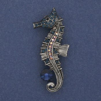 Brooch-pendant Seahorse with colored rhinestones blue crystal silver metal 55x25mm+