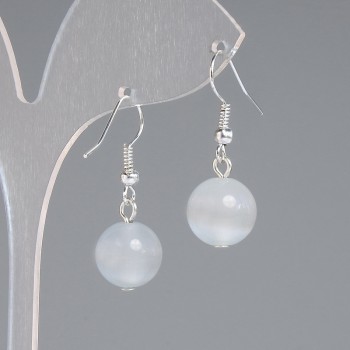 Gray Cat's Eye Earrings, smooth ball, 11 mm diameter ±, 30 mm length ±, silver-colored metal