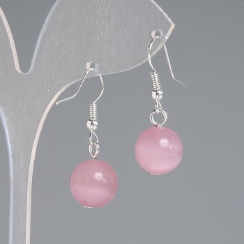 Earrings Pink Cat's Eye Smooth Ball, 11.5 mm diameter, approx. 30 mm length, silver-colored metal
