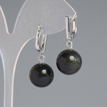 Earrings Sun Obsidian Smooth Ball, diameter 14 mm +-, length 32 mm +-, silver-toned metal