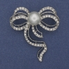 Brooch Pearl Bow with White Crystals Silver-Tone Metal 43×50mm+