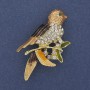 Bird Brooch with Colored Enamel, White Crystals, Golden Metal 32x54mm +