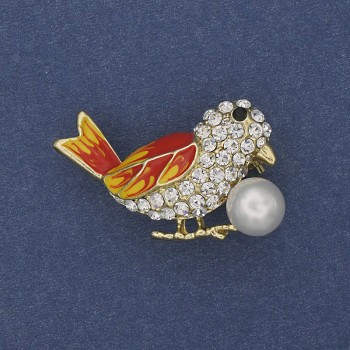 Bird Brooch with colored enamel, white crystals, pearl, gold-tone metal 22x35mm +