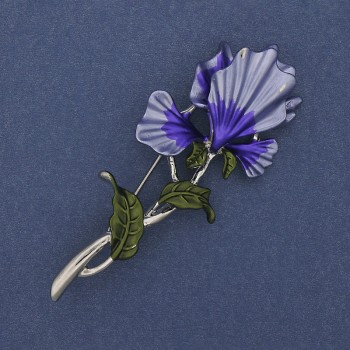 Flower Brooch Purple and Blue Enamel Silver Metal 34x80mm+