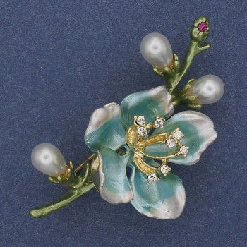 Blue and Green Enamel Brooch, Pearls and Crystals, Gold-Tone Metal 28x55mm+