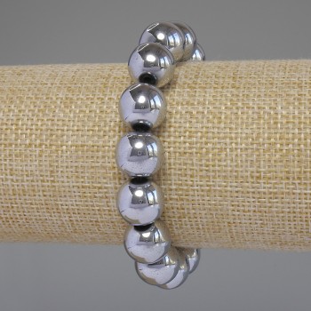 Hematite Bracelet, Silver-Colored, Smooth Beads, 12mm Diameter, 18cm Stretch