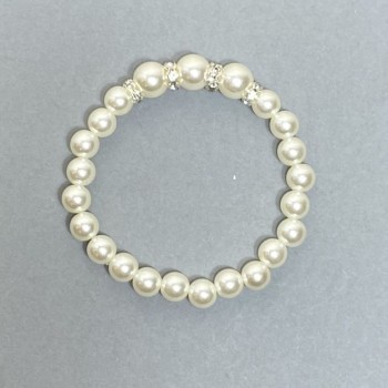 White Mallorca acrylic bracelet, 8–10 mm diameter beads, rhinestone inserts, 18 cm length, stretch
