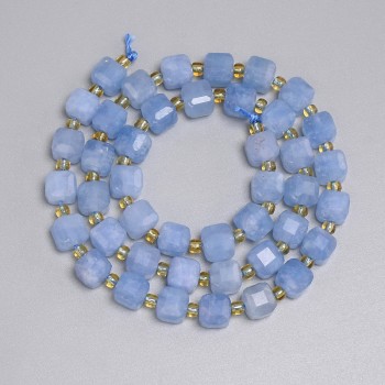 Aquamarine Beads, Faceted Cube, 6.5×6.5 mm, 3 mm Seed Beads, 38 cm Length, On Thread