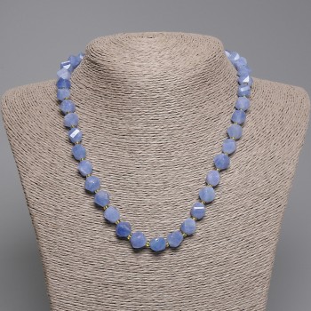 Aquamarine Necklace with Faceted Rhombus Beads, 9x8 mm, 3 mm seed beads, 45 cm length, with clasp