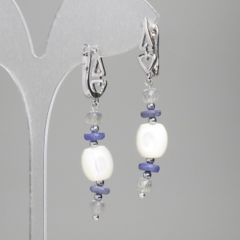 Earrings with Mother-of-Pearl Barrel 10x9.5 mm ± Sodalite Rondelle 6x2 mm ± Labradorite Cube 4 mm ±, Length 52 mm