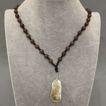 Unpolished Citrine Pendant Wrapped, 38×47×17 mm ±, on a bead-embellished cord, 60 cm length