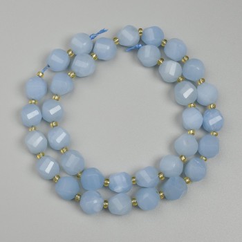 Aquamarine beads, faceted diamond shape, 10x9 mm diameter, 3 mm seed beads, on thread, length about 39 cm+