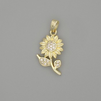 Sunflower pendant in gold-tone metal with white crystals, diameter 26×12 mm