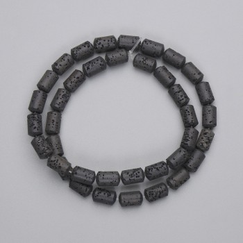 Black volcanic lava beads, cylindrical, 10×6 mm, on thread about 38 cm long