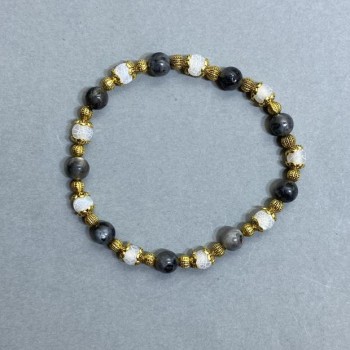 Браслет Морозний Агат гладка кулька 5, 5мм+- Лаврікіт кулька 6мм+- з металевими вставками, довжина 18см+- стрейч