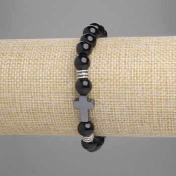 Браслет Агат гладка кулька, діаметр 8мм+- Гематит хрест 14х10мм+-, довжина 18см+- стрейч