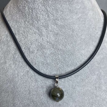 Labradorite bead pendant, 12 mm diameter ±, on a rubber cord, length 52 cm with a 5 cm chain