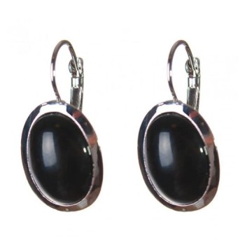 Clearance. Black Agate Earrings with Smooth Bezel, Oval Stone, 2.2 × 1.8 cm, Length 3.2 cm
