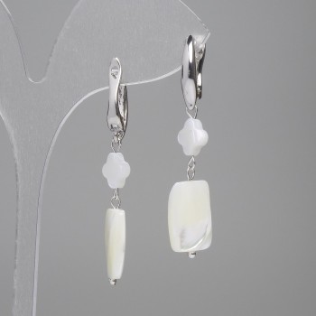 Earrings with Mother-of-Pearl - Rectangular 15x9 mm with Shamrock accent 7 mm, length approximately 45 mm
