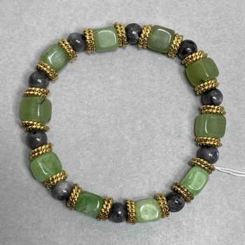 Bracelet with Chrysolite cube beads 8 mm + Larvikite ball beads 6 mm + metal inserts, 18 cm stretch