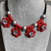 Necklace Red Flowers with White Crystal, diameter 35×29 mm, beads 11 mm, on cords, length 45–50 cm