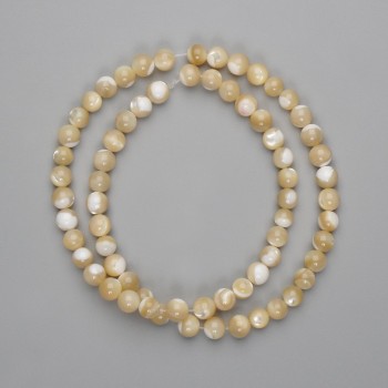 Beige mother-of-pearl beads, smooth round beads, 6 mm diameter, 39 cm length on beading thread
