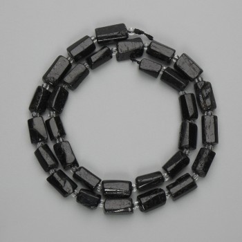 Beads, Black Tourmaline, Faceted, 11-12×6-7 mm, 5 mm+ beads, Seed beads 3 mm+, Length approx. 40 cm on thread