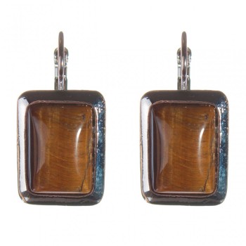 Clearance. Tiger's Eye Earrings in a Smooth Setting, Rectangular Stone 2.3×1.8 cm, Length 3.5 cm