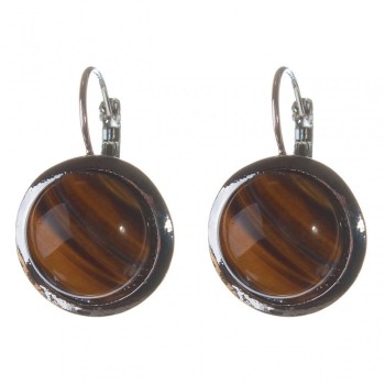 Clearance. Tiger's Eye Earrings with Smooth Bezel, Round Stone 2 cm, Length 3.1 cm