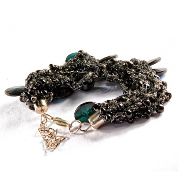 Bracelet with metal clasp and carabiner on a chain, macrame thread, black glossy faceted stones, black round stones