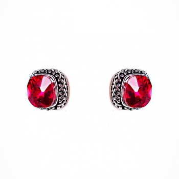 Earrings with a 1.7 cm square red crystal