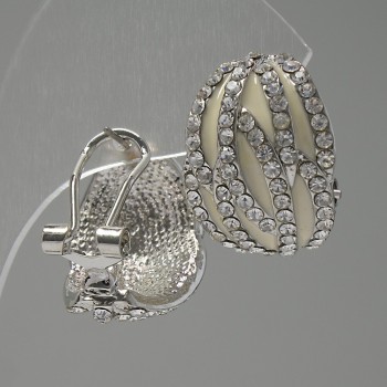 Classic 'Waffle' Earrings - White Enamel / Crystals / Silver-Plated Metal / 22 × 20 mm