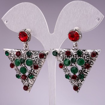 Crystal Earrings 4 cm - Elegant with Green and Red Rhinestone Triangles