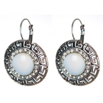 Discount! Mother-of-pearl earrings in a 'Greek' bezel with crystals, round 2.6 cm, length 3.5 cm