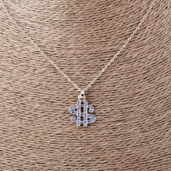 Кулон Долар на якірному ланцюжку блакитні стрази, довжина 52см, діаметр 2х1, 7см сріблястий метал