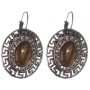 Clearance. Tiger's Eye Earrings in a 'Greek' Frame with Crystals, Oval Stone 2.5×3 cm, Length 3.9 cm