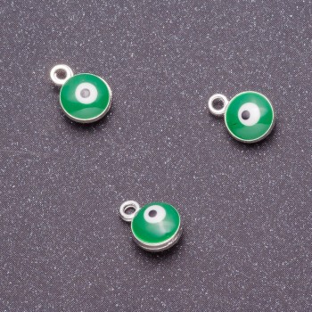 Findings pendant "Eyes", diameter 7mm, length 9mm, green enamel, gray metal finish. 12 pcs