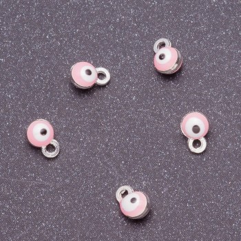 Eye pendant findings, diameter 4 mm, length 6 mm, pink enamel, gray metal finish. 14 pcs