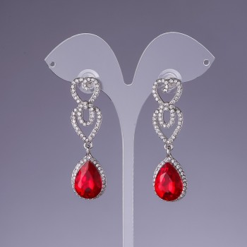 Earrings with Red Crystals, 5.5 cm in length, gray metal